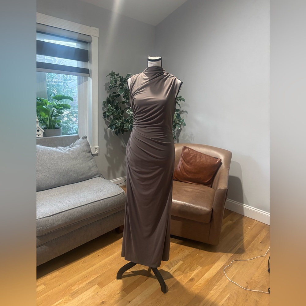 Zara Sleeveless Mock Neck Ruched Maxi Dress in Taupe Size:M - Picture 5 of 8
